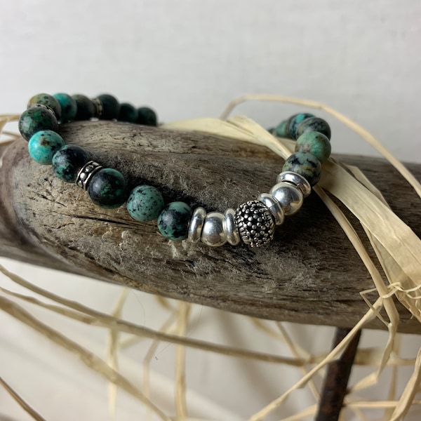 Bracelet Homme « Malo turquoise  » ,Pierres Turquoise Africaine 6 mm , intercalaires et perles Argent 925  sur fil élastique.