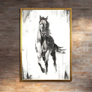 Elegant Black and White Horse Canvas Print - Minimalist Animal Painting Wall Art for Home Decor