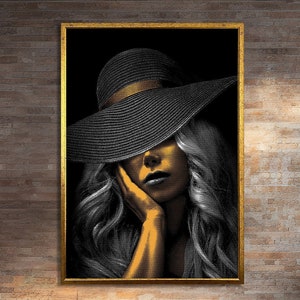 Elegant Woman in Black Hat Canvas Digital Print Art - Striking Gold and Black Portrait Wall Decor for Modern Interiors