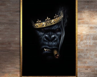Royal Gorilla with Cigar Canvas Print - Bold and Unique Animal Painting Wall Art for Poster Home Decor