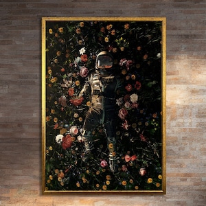 Surreal Astronaut Resting in a Field of Flowers Canvas Digital Print Art - Perfect Blend of Nature and Space