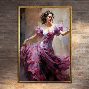 Elegant Woman in Flowing Pink Dress Canvas Print Wall Art - Dancer Women Painting for Sophisticated Home Decor