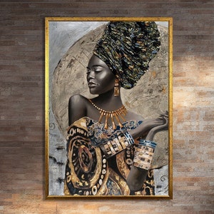 Elegant African Woman Ethnic Canvas Painting Art – Sophisticated Cultural Portrait for Unique Home Decor