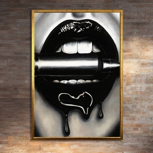 Edgy Canvas Print Art with Bold Black and White Design Featuring a Sensual Lip and Bullet Motif Painting