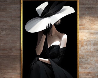 Elegant Modern Canvas Art Print, Painting Art of Woman in Stylish Black and White Hat for Chic Home Decor
