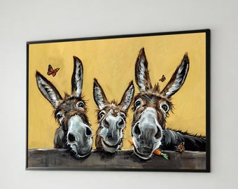 Whimsical Donkey Trio Canvas Art, Humorous Animal Painting for Kids Room, Playful and Fun Wall Decor