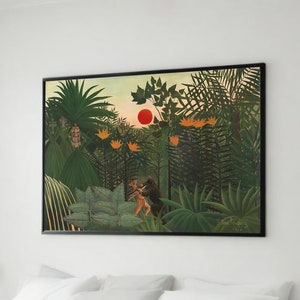 Exotic Sunset Jungle Scene - Henri Rousseau Inspired Canvas Print for Lively Home Decor
