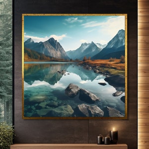 Serene Mountain Lake Canvas Painting Art - Tranquil Nature Landscape for Modern Home Decor and Relaxing Ambiance