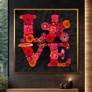 Arte de pintura em tela de amor floral - decoração de parede romântica, arte de letras de flores, design colorido ousado para casa moderna