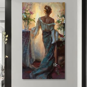 Elegant Lady Painting Wall Art – Graceful Woman in Floral Setting Canvas Print | Romantic Home Decor