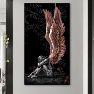 Dark Angel Painting Wall Art – Melancholic Fallen Angel Canvas Print with Wings | Gothic, Emotional Home Decor