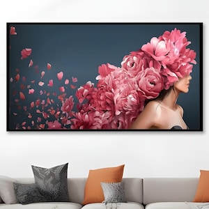Floral Beauty Canvas Painting Wall Art – Woman with Pink Flowers, Elegant Feminine Design for Bedroom Decor