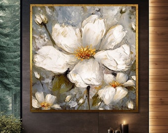 Elegante witte bloemencanvaskunst - perfect botanisch schilderij muurdecoratie voor een sereen en verfijnd huis