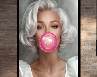 Pop Art Blonde Woman with Bubblegum – Framed or Unframed Modern Canvas Art Print for Chic Wall Decor