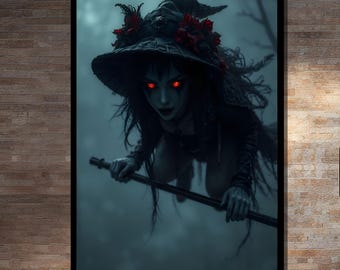 Dark Horror Witch with Glowing Eyes Framed or Unframed Canvas Art Print for Gothic Wall Decor