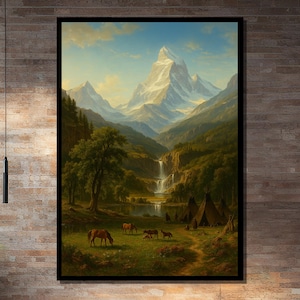 May include: A framed landscape painting depicts a mountain range with a waterfall cascading into a lake. Horses graze in a meadow near a small settlement. The artwork is displayed above a brown leather sofa.
