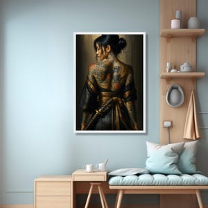 Tattooed Samurai Woman Canvas Wall Art, Floral and Eagle Back Tattoo, Japanese Kimono Style, Warrior Theme Canvas, Home Decoration Art Print image 5