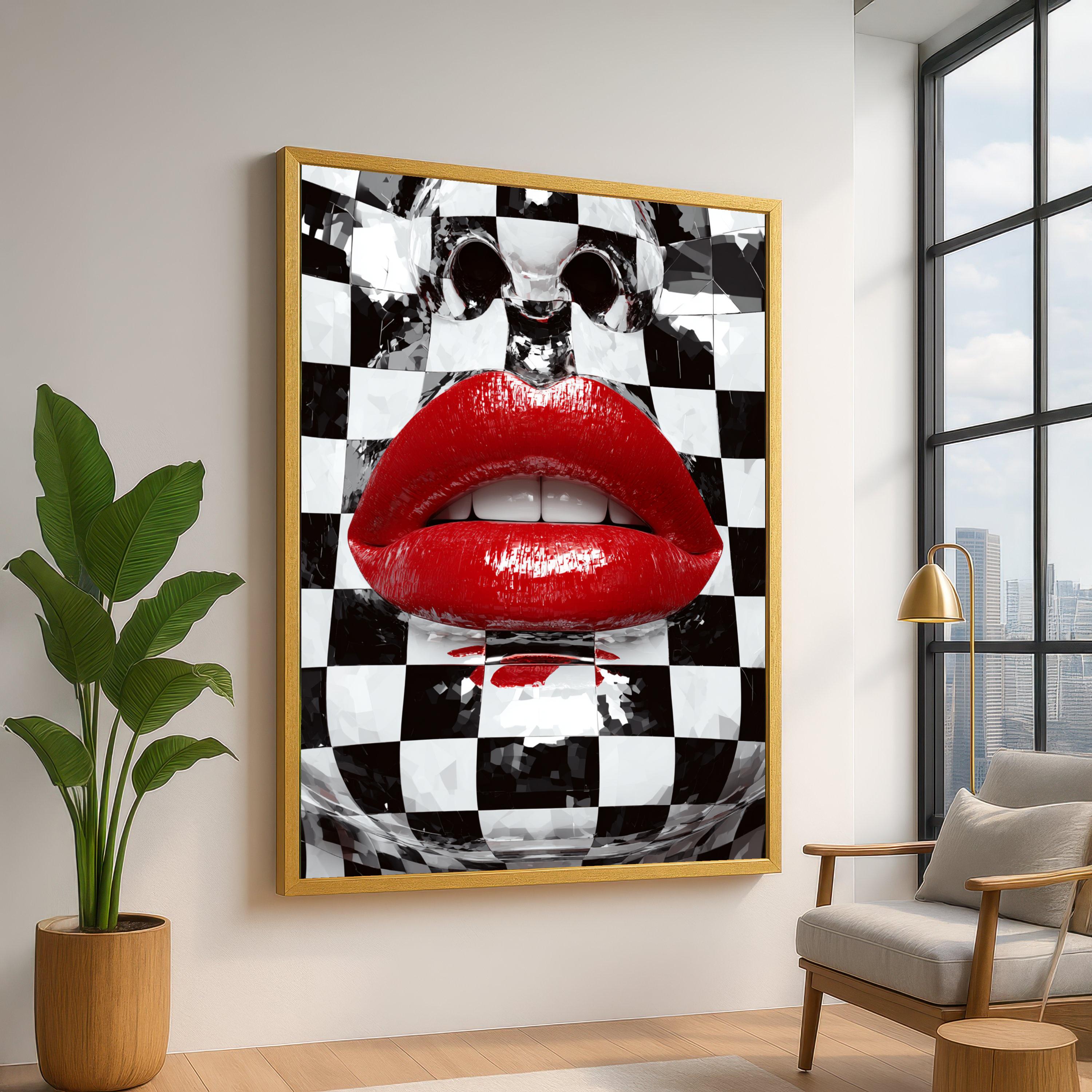 Bold Red Lips Canvas, Abstract Checkered Face Wall Art, Modern Pop