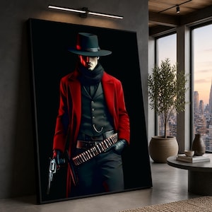 May include: A framed wall art print depicting a figure in a wide-brimmed black hat, a vibrant red coat, and a black scarf. The figure wears a dark vest with a pocket watch chain, black trousers, and a cartridge belt, holding a revolver in one hand.