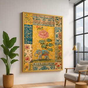 Vintage Indian Elephant Canvas Wall Art, Floral Pattern Canvas, Bohemian Style Home Decor, Traditional Textile Design Print, Colorful Wall image 1