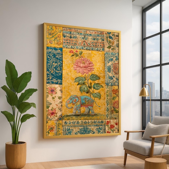 Vintage Indian Elephant Canvas Wall Art, Floral Pattern Canvas, Bohemian Style Home Decor, Traditional Textile Design Print, Colorful Wall