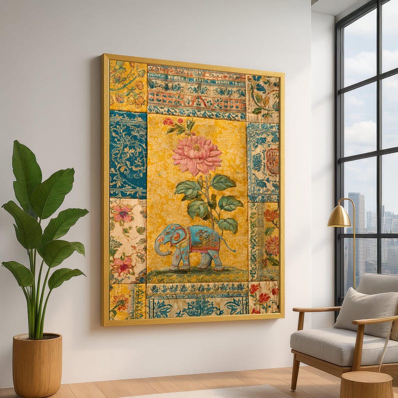 Vintage Indian Elephant Canvas Wall Art, Floral Pattern Canvas, Bohemian Style Home Decor, Traditional Textile Design Print, Colorful Wall image 1