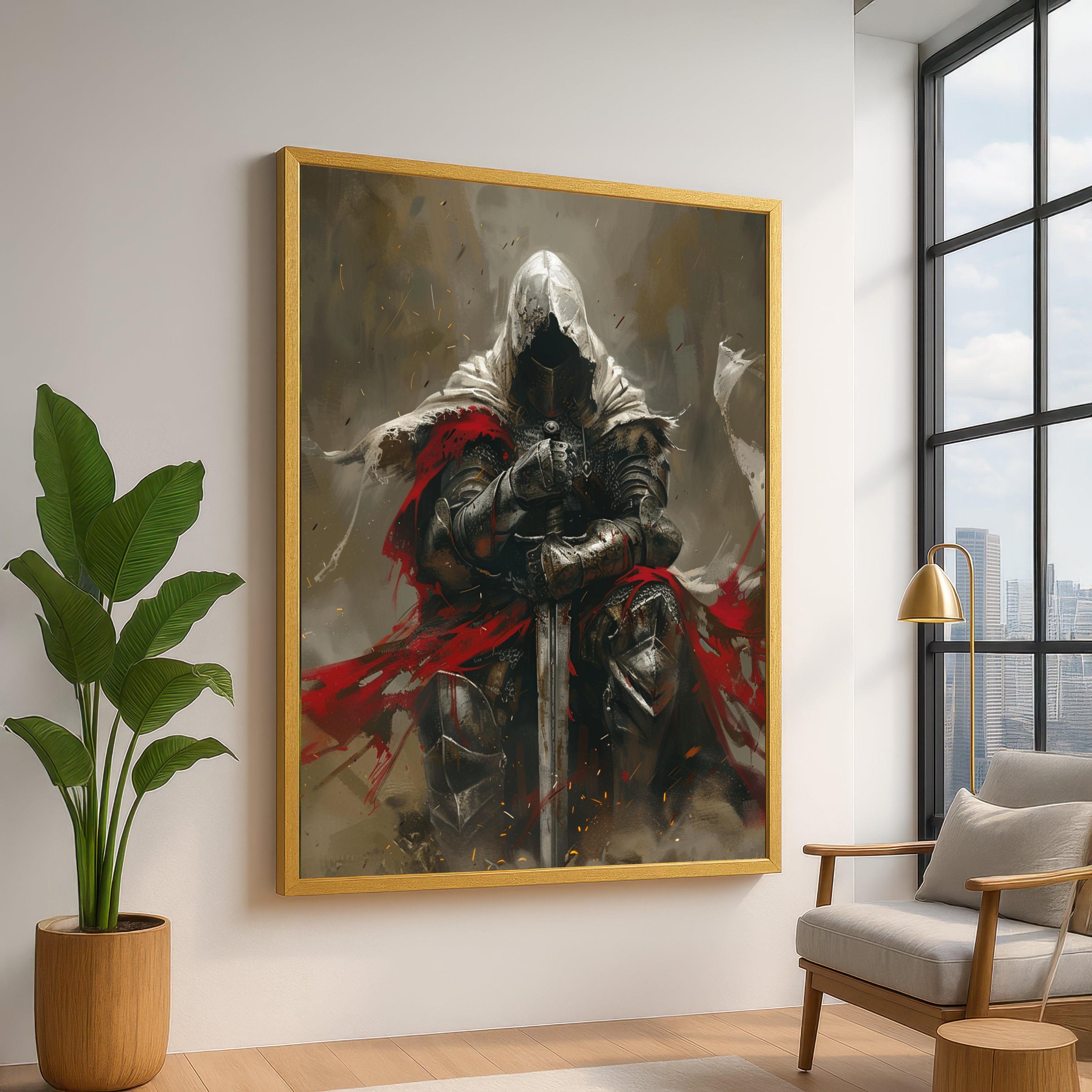 Medieval Knight Canvas Wall Art, Dark Fantasy Armor Red Cape Warrior ...