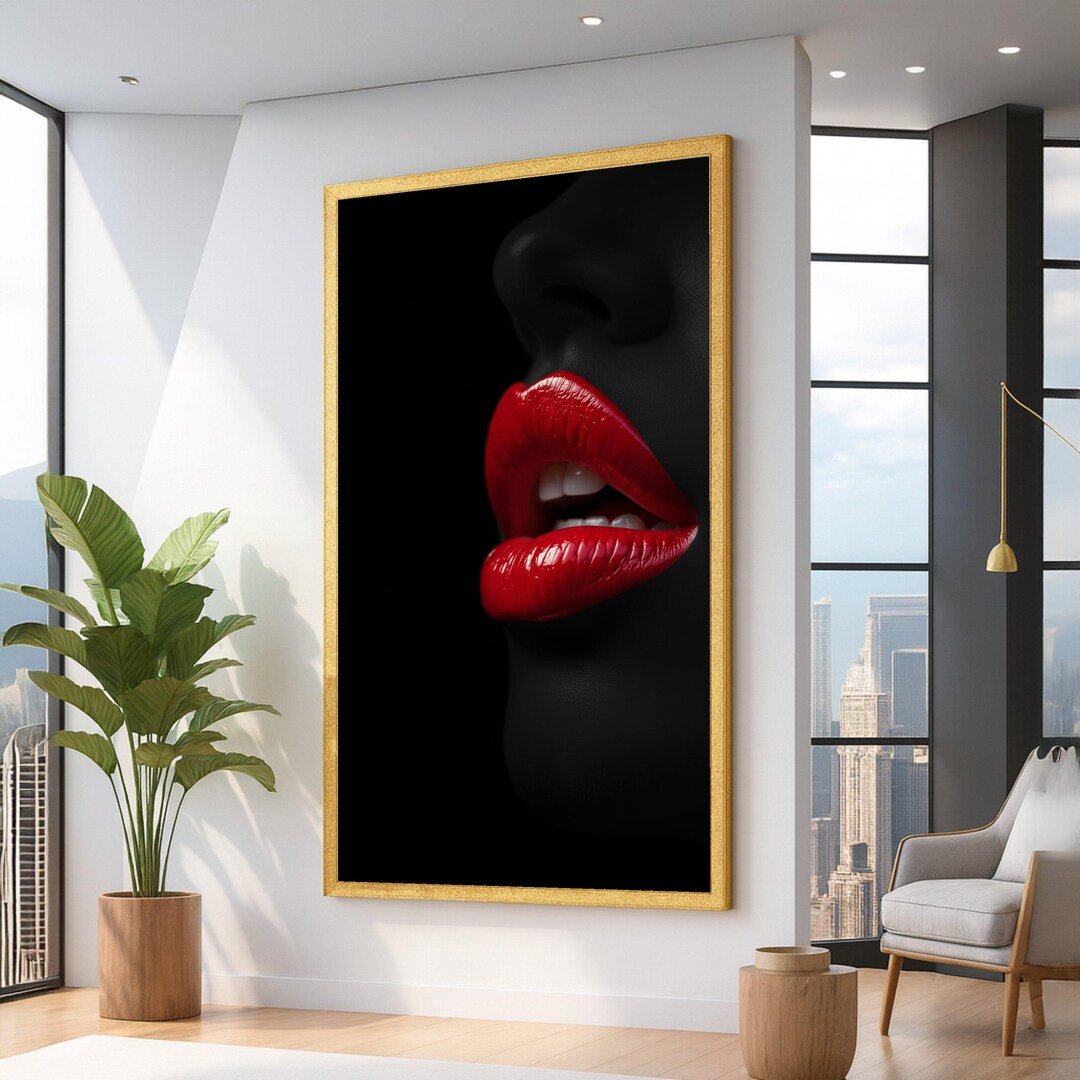 Glossy Red Lips Close-up Canvas, Black Skin Portrait Wall Art