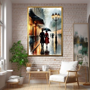 Romantic Rainy Street Couple Canvas – Elegant Evening City Art – Framed (Black, White, Gold, Silver), Stretched Wood or Rolled