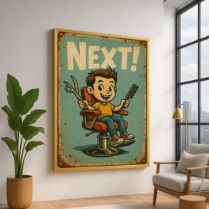 Vintage Barber Shop Canvas, Retro Haircut Art, Kids Hair Salon Wall Decor, Funny Cartoon Barber Chair Canvas, Rustic Home Decoration