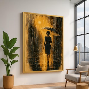 Woman Walking in Rain Canvas, Umbrella Silhouette Wall Art, Moody Urban Scene, Golden Night Reflection, Modern Home Decor Painting