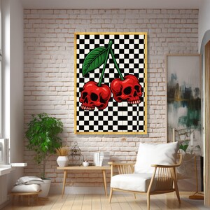 Cerezas de calavera roja audaces, lienzo con estampado de cuadros, decoración de pared vanguardista, diseño gráfico moderno, lienzo estilo pop art, listo para colgar imagen 3