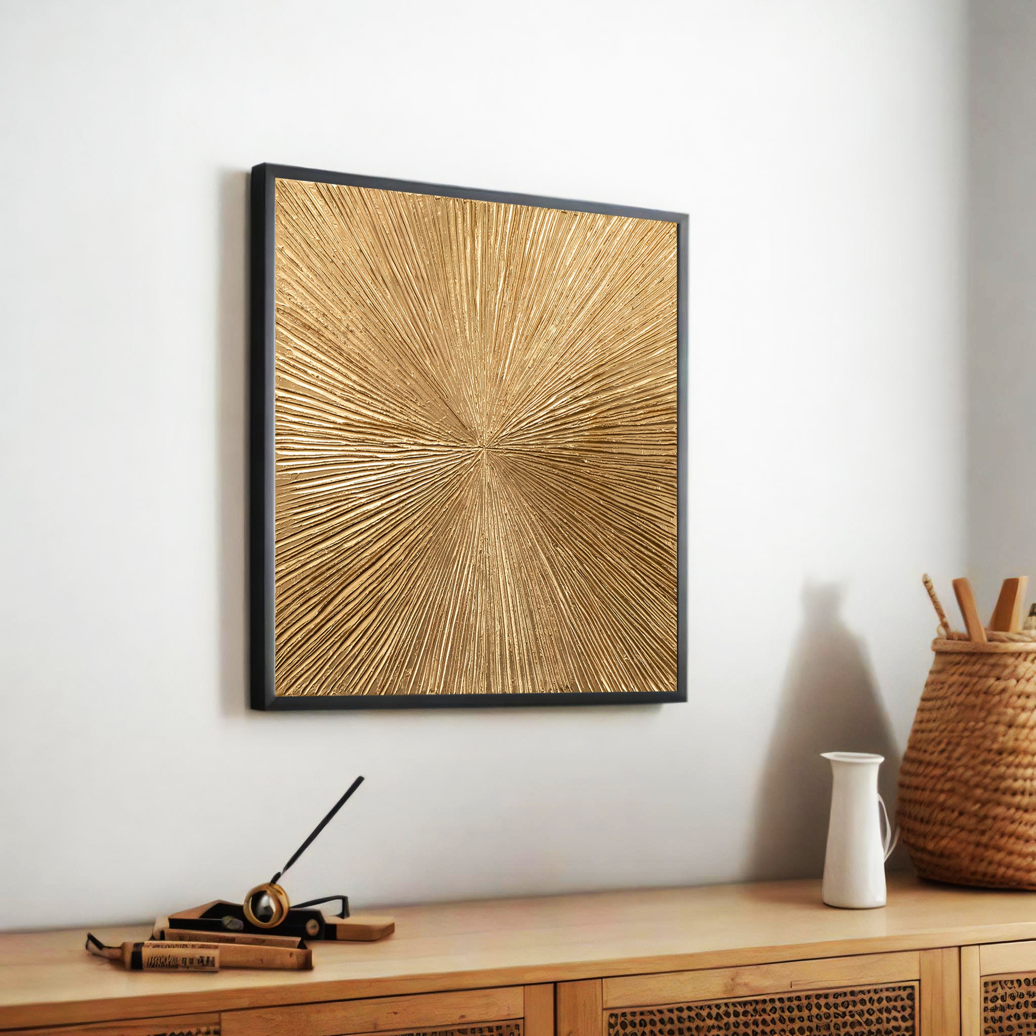 Golden Sunburst Canvas Print , Radiant Abstract Painting, Modern