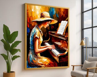 Woman Playing Piano Canvas, Elegant Lady in Hat Wall Art, Musical Instrument Painting, Colorful Music Home Decor, Artistic Canvas Print