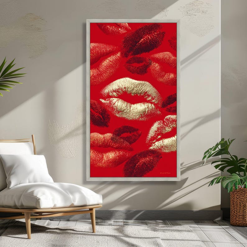 Glamorous Gold and Red Lips Canvas Wall Art, Bold Kiss Print, Modern ...