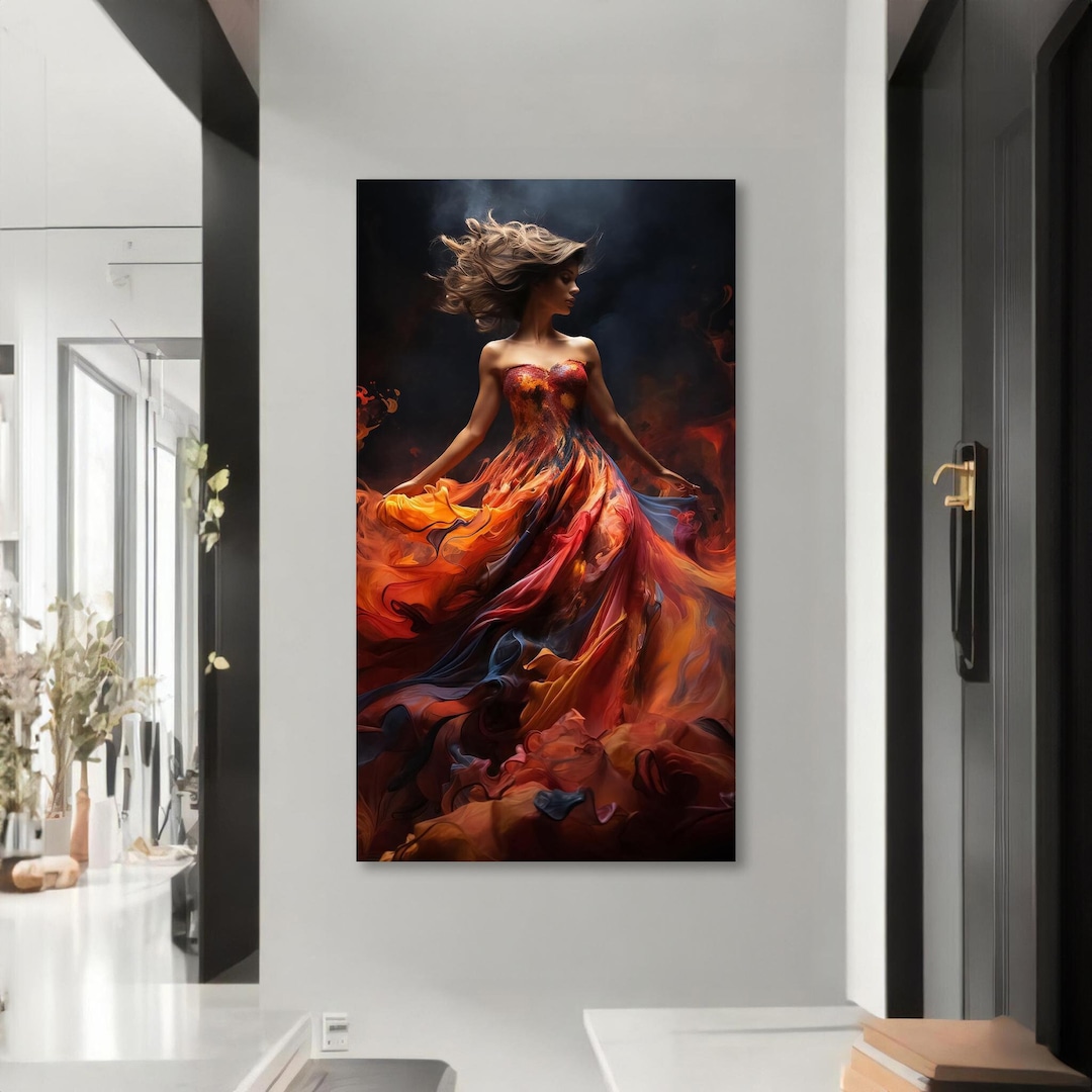 Fiery Woman in Flowing Dress Canvas Painting Art – Dramatic Colorful ...