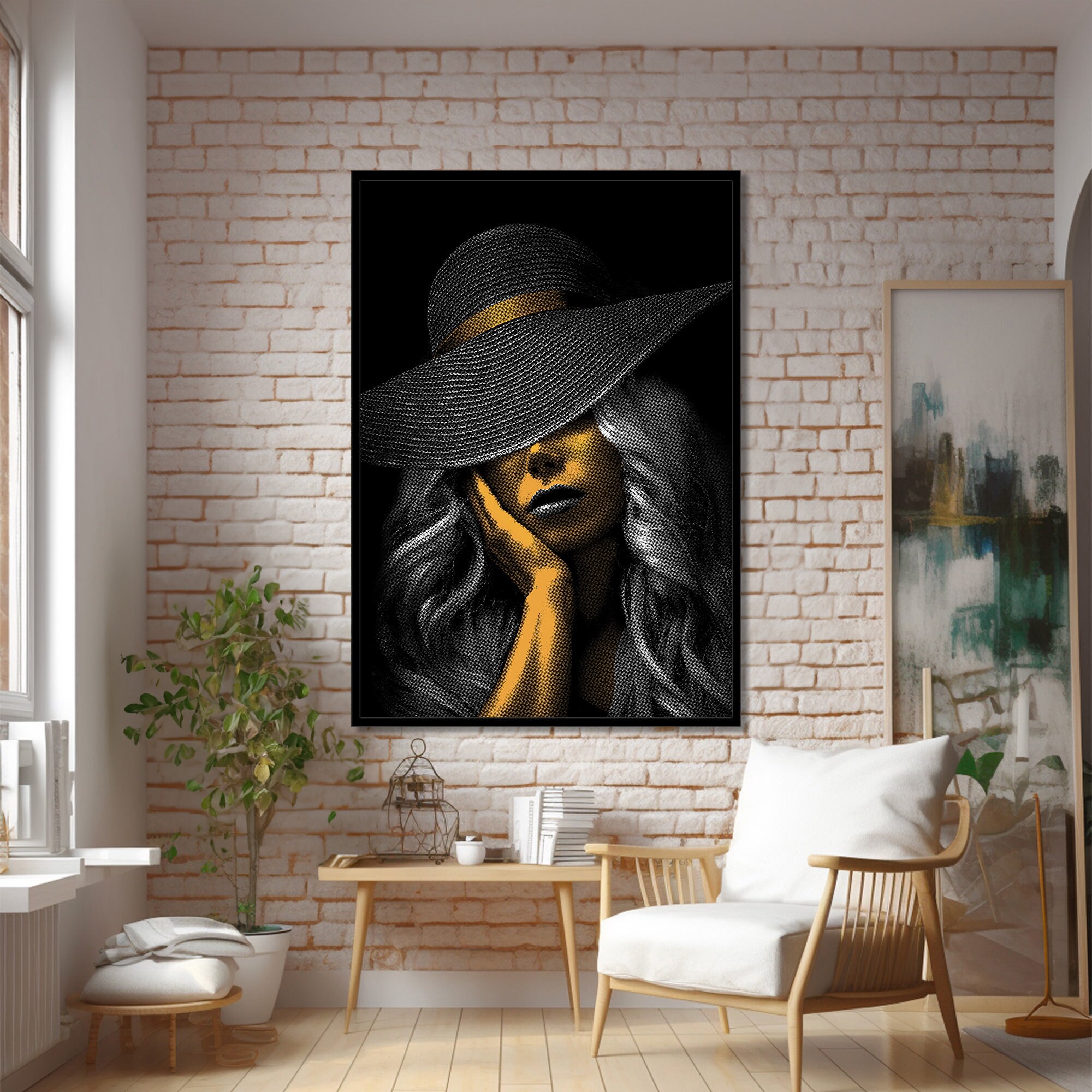Elegant Woman in Black Hat Canvas Digital Print Art - Striking Gold and ...