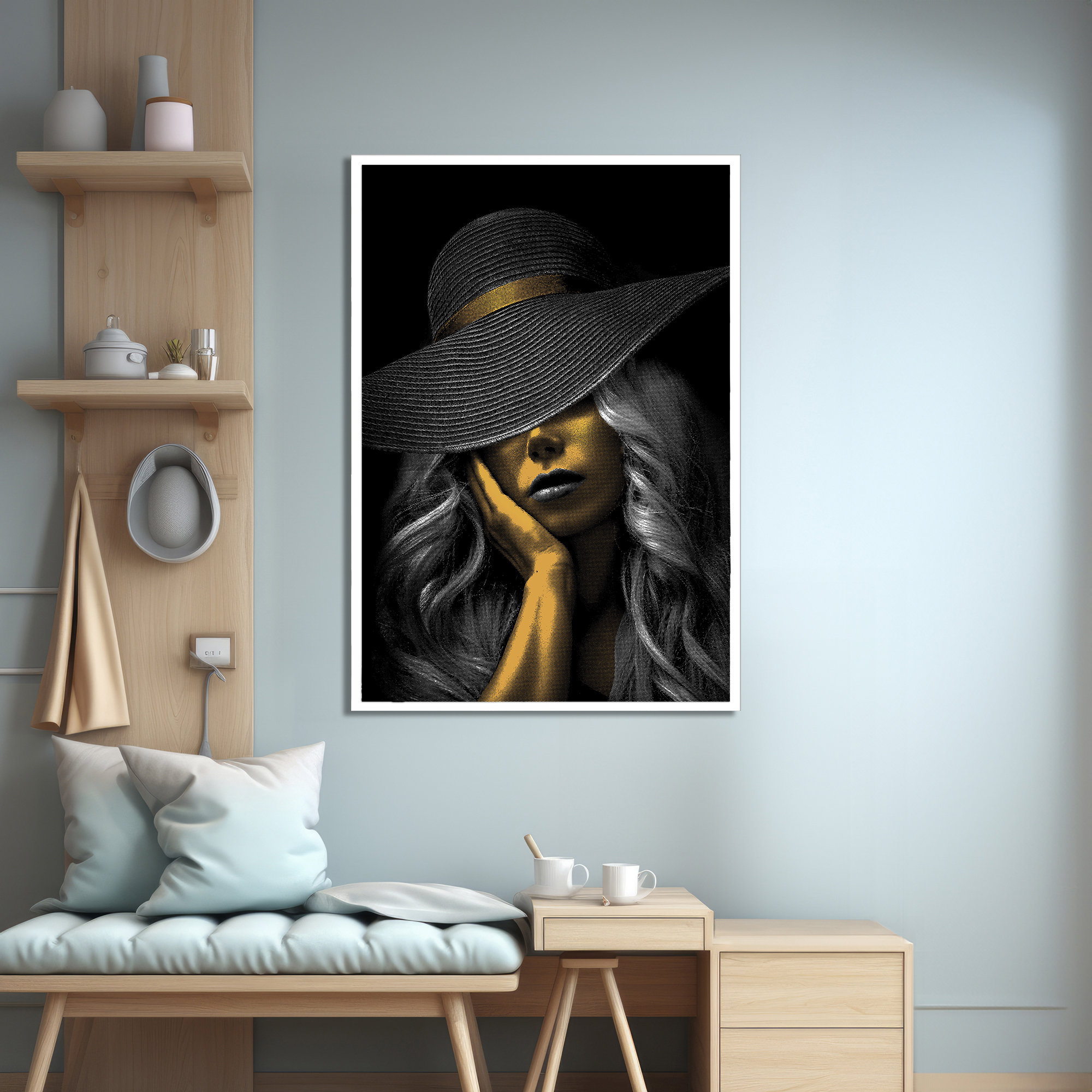 Elegant Woman in Black Hat Canvas Digital Print Art - Striking Gold and ...