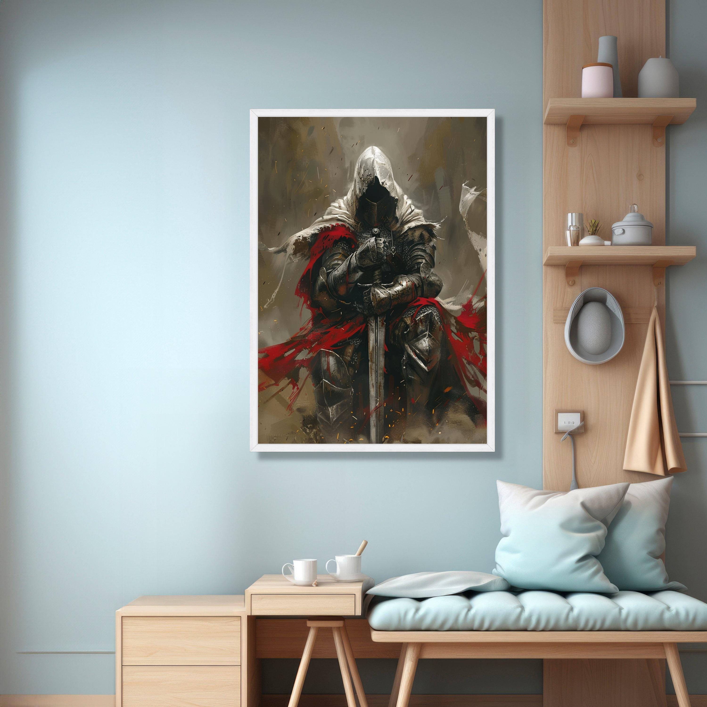 Medieval Knight Canvas Wall Art, Dark Fantasy Armor Red Cape Warrior ...