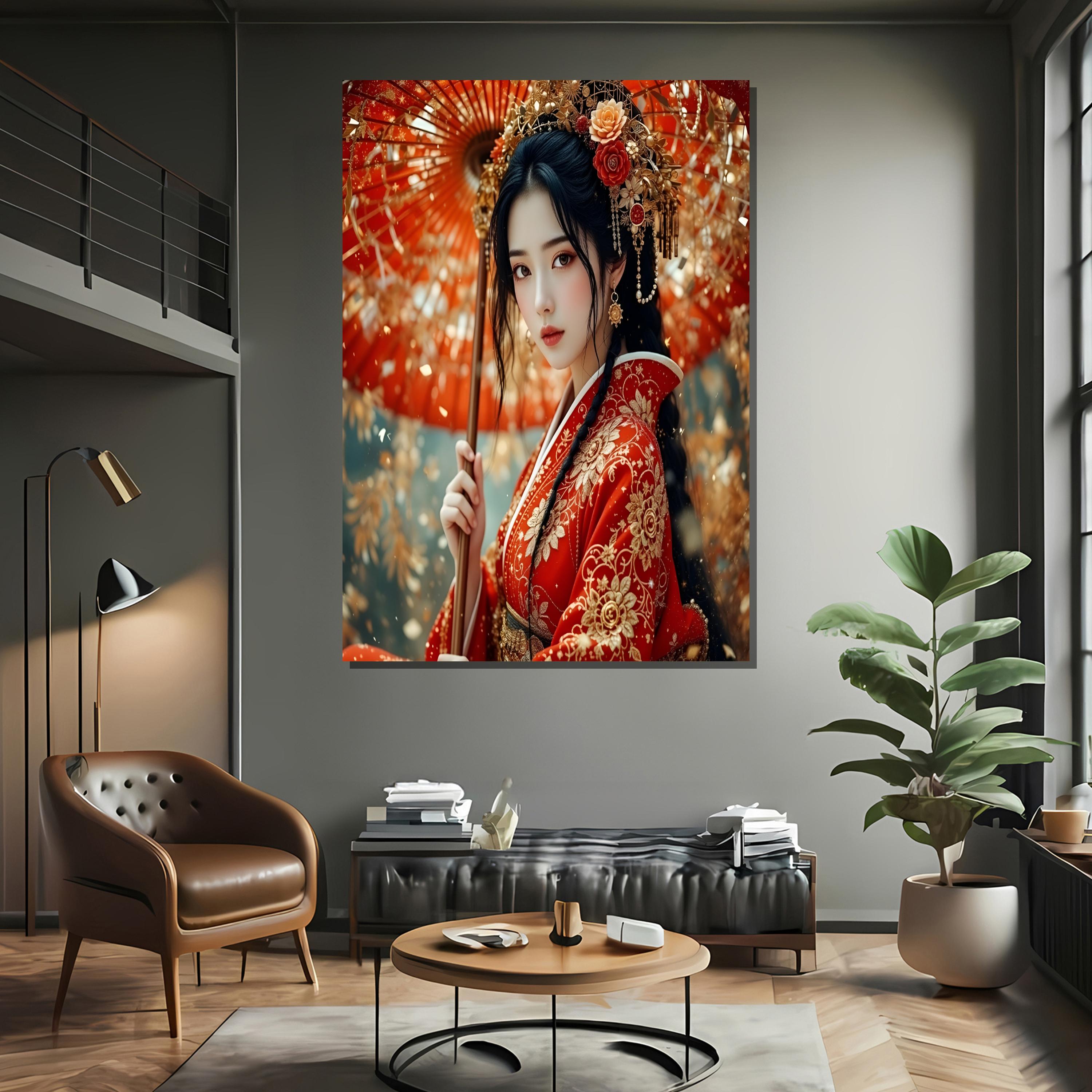 Elegant Japanese Woman in Red Kimono – Framed or Unframed Canvas Art ...