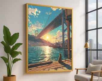 Lienzo con puesta de sol tranquila en el puerto, puente y gato, arte mural con paisaje costero, lienzo con vista costera, decoración con escena de naturaleza serena
