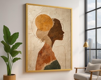 Earth Tones Abstract Woman Silhouette Canvas, Modern Boho Wall Art, Minimalist Female Profile Painting, Rustic Home Decor