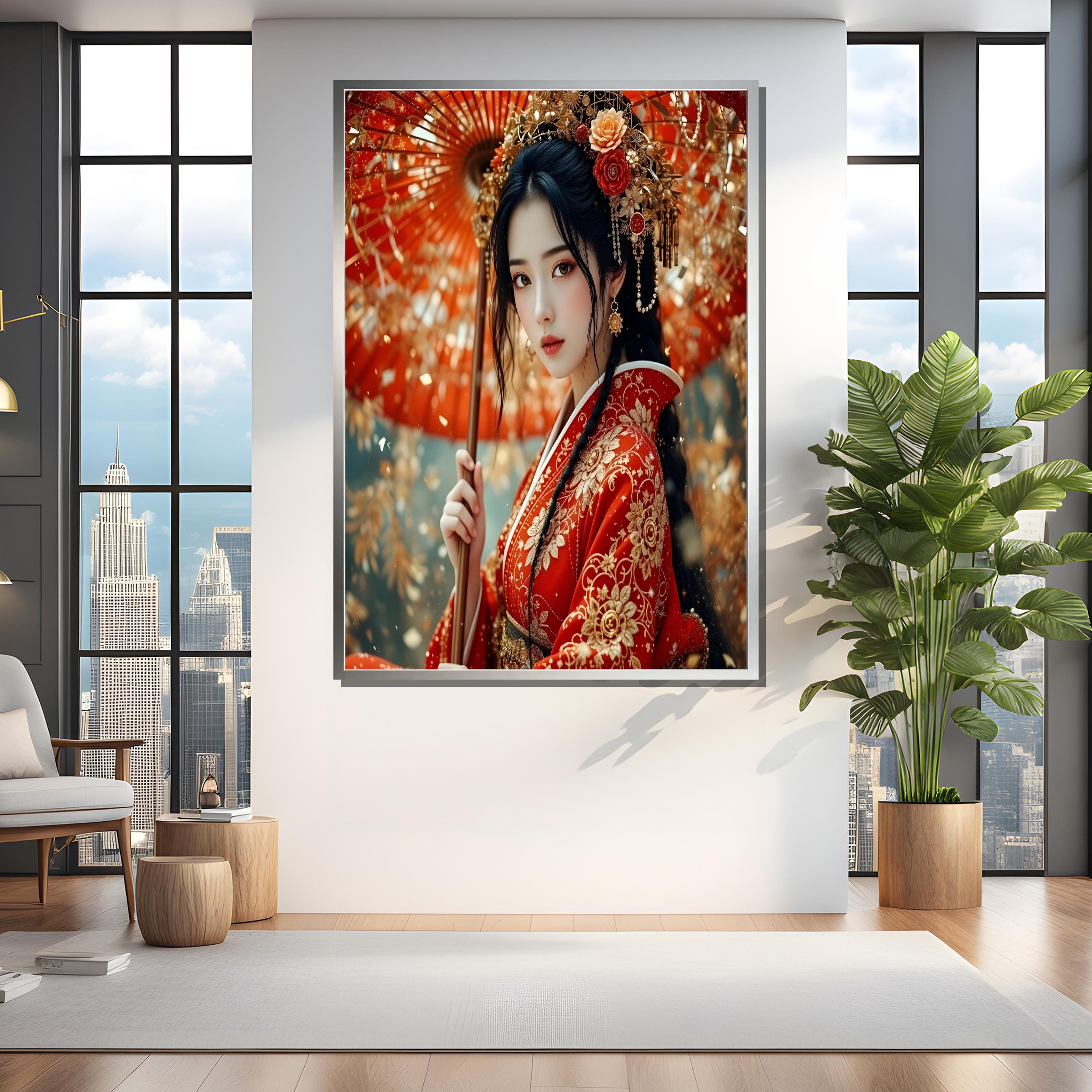 Elegant Japanese Woman in Red Kimono – Framed or Unframed Canvas Art ...
