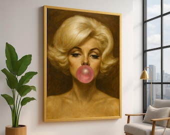 Vintage Blonde Woman Portrait Canvas, Bubblegum Pop Art, Retro Glamour Wall Art, Classic Beauty Canvas, Unique Home Decoration