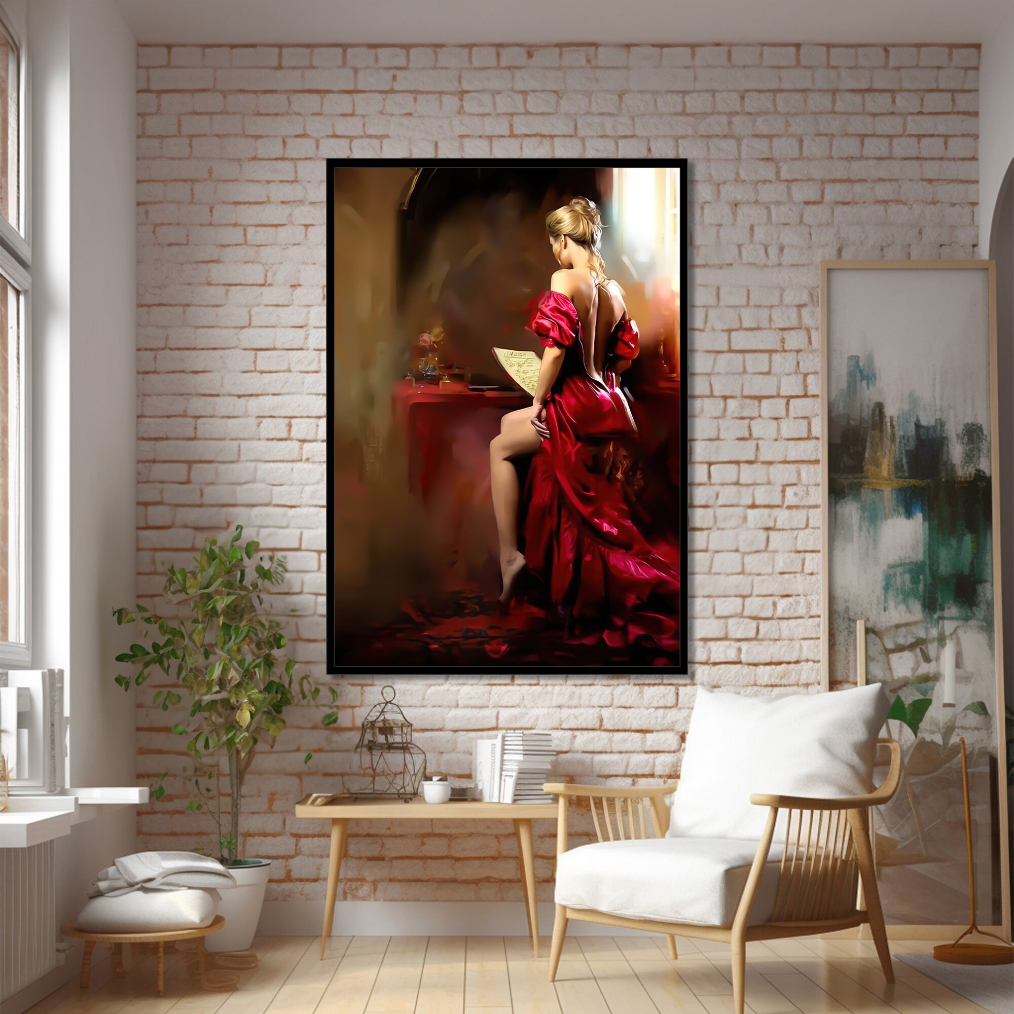 knee length dresses for ladies Lady in Red – Hand-Painted Figurative Canvas Art in Warm Tones – My Modern  Art main image 0