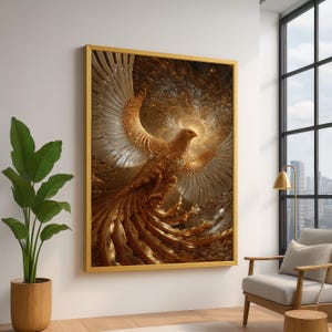 Majestic Golden Phoenix Canvas, Abstract Bird Wall Art, Metallic Feather Design, Fantasy Home Decor, Inspirational Canvas Print