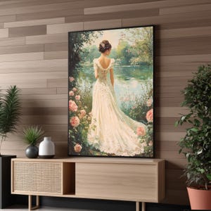Romantic Woman in White Dress by the Lake – Elegant Floral Canvas Art Print for Bedroom Wall Decor
