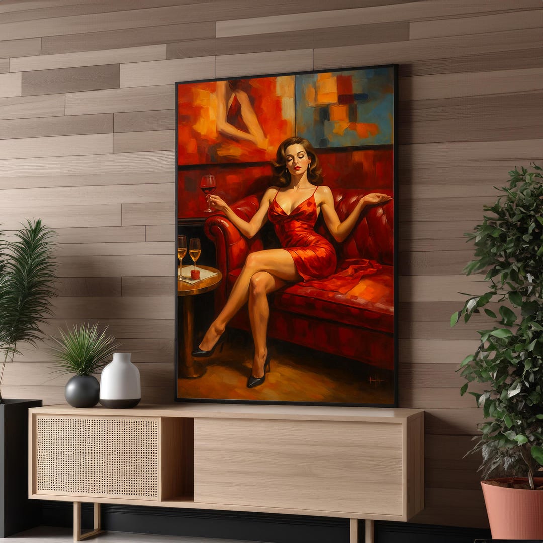 Elegant Woman in Red Dress on Sofa – Bold and Sensual Canvas Painting ...