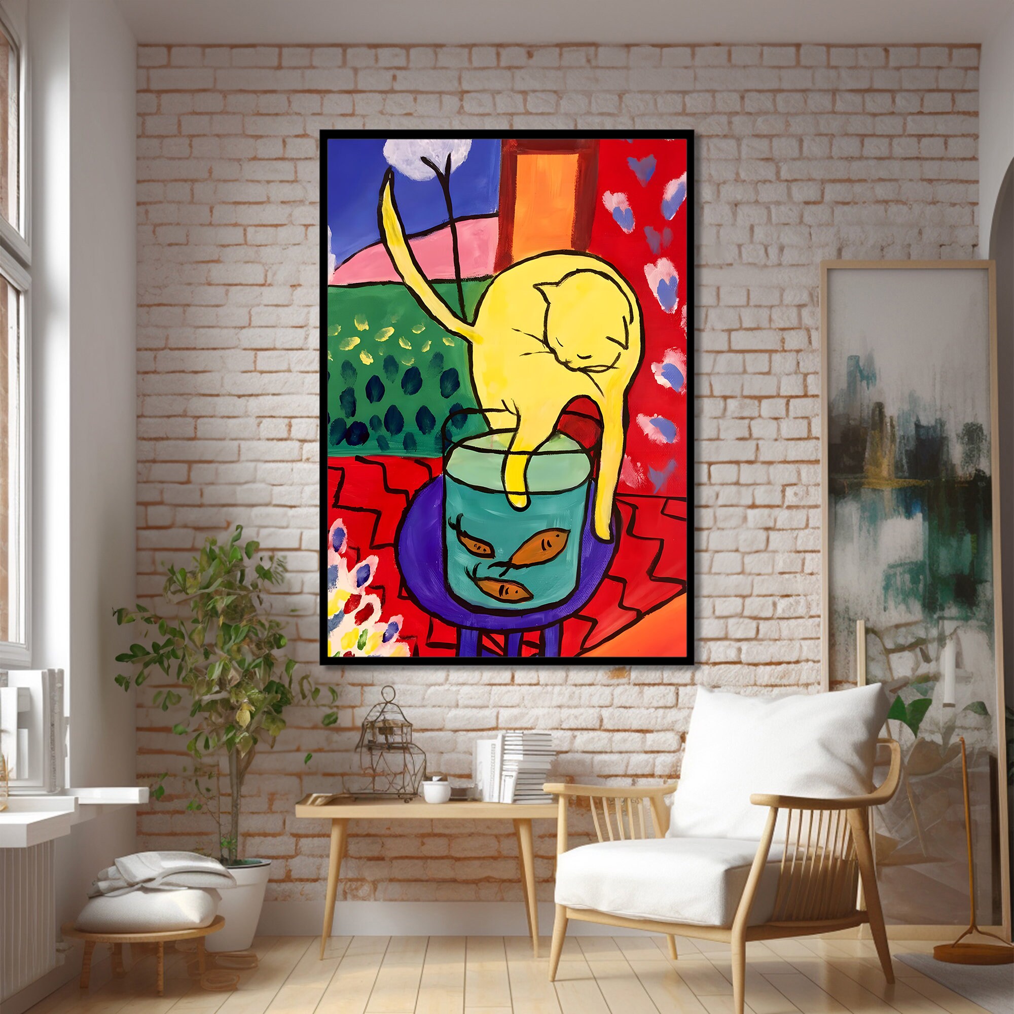 アンリ・マティスにインスパイアされた猫と金魚鉢のキャンバス絵画