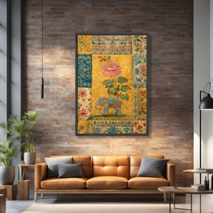 Vintage Indian Elephant Canvas Wall Art, Floral Pattern Canvas, Bohemian Style Home Decor, Traditional Textile Design Print, Colorful Wall image 2